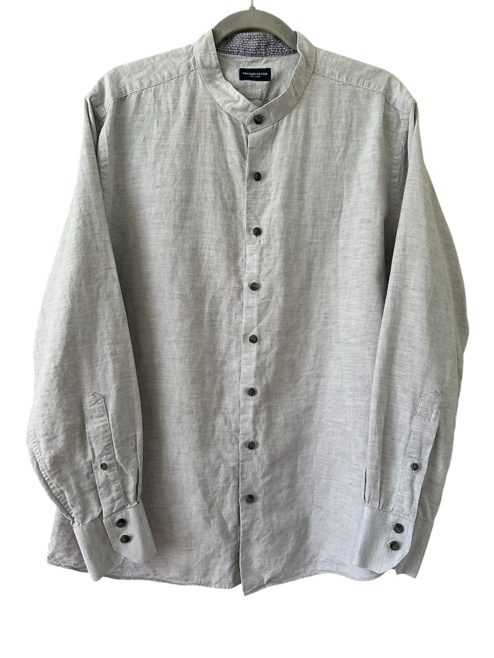 Proper Cloth Linen Cotton Gray Mandarin Collar Long Sleeve Button Shirt